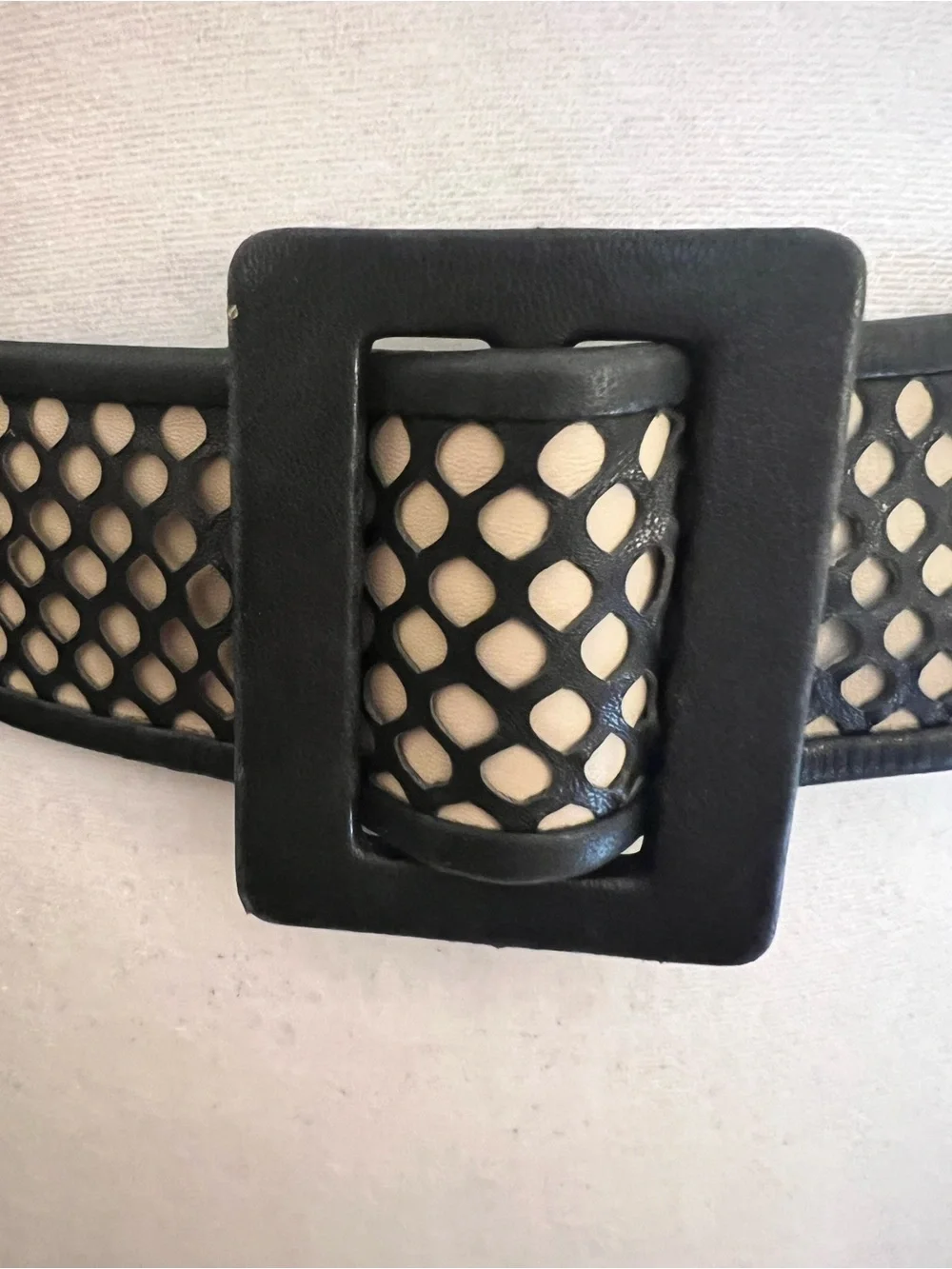 Catherine Malandrino Y2K Black Lattice Cutout Cream Wide Statement Waist Belt